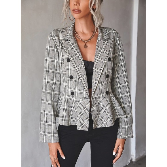 Plaid Double Breasted Peplum Blazer gray - Picture 2 of 5